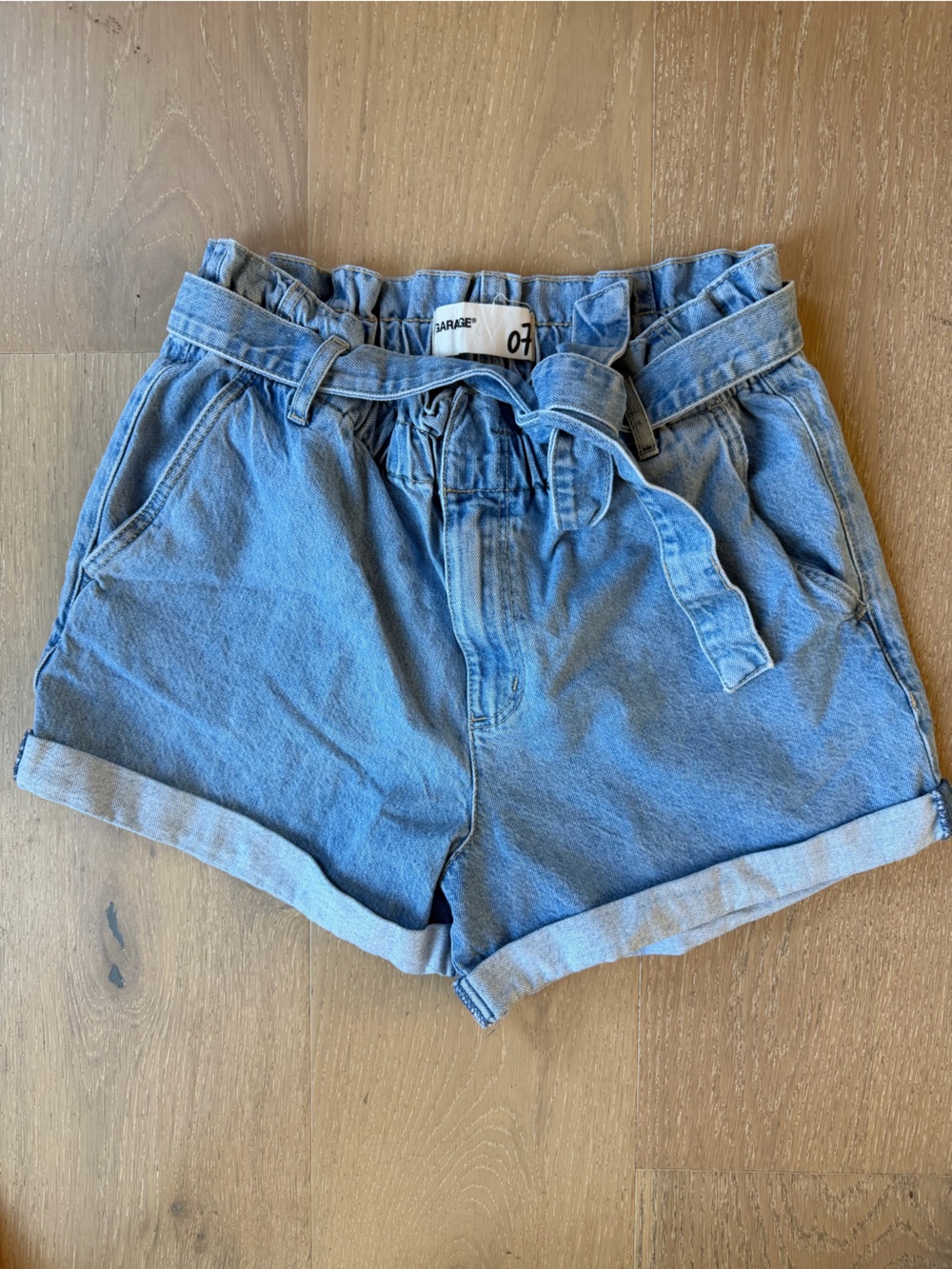 Garage Light Blue Denim Paperbag Waist Shorts